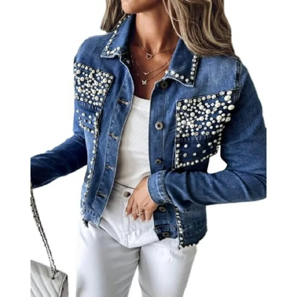 Cropped Denim Jacket with Pearls Rhinestones Lapel Collar Blazer